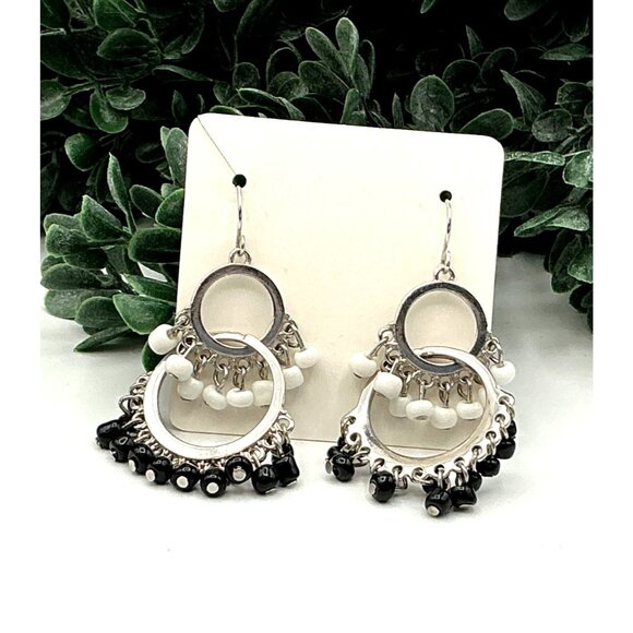 Vintage inspired Black & White Beaded Dangle Earrings With Silver-Tone - Picture 1 of 5